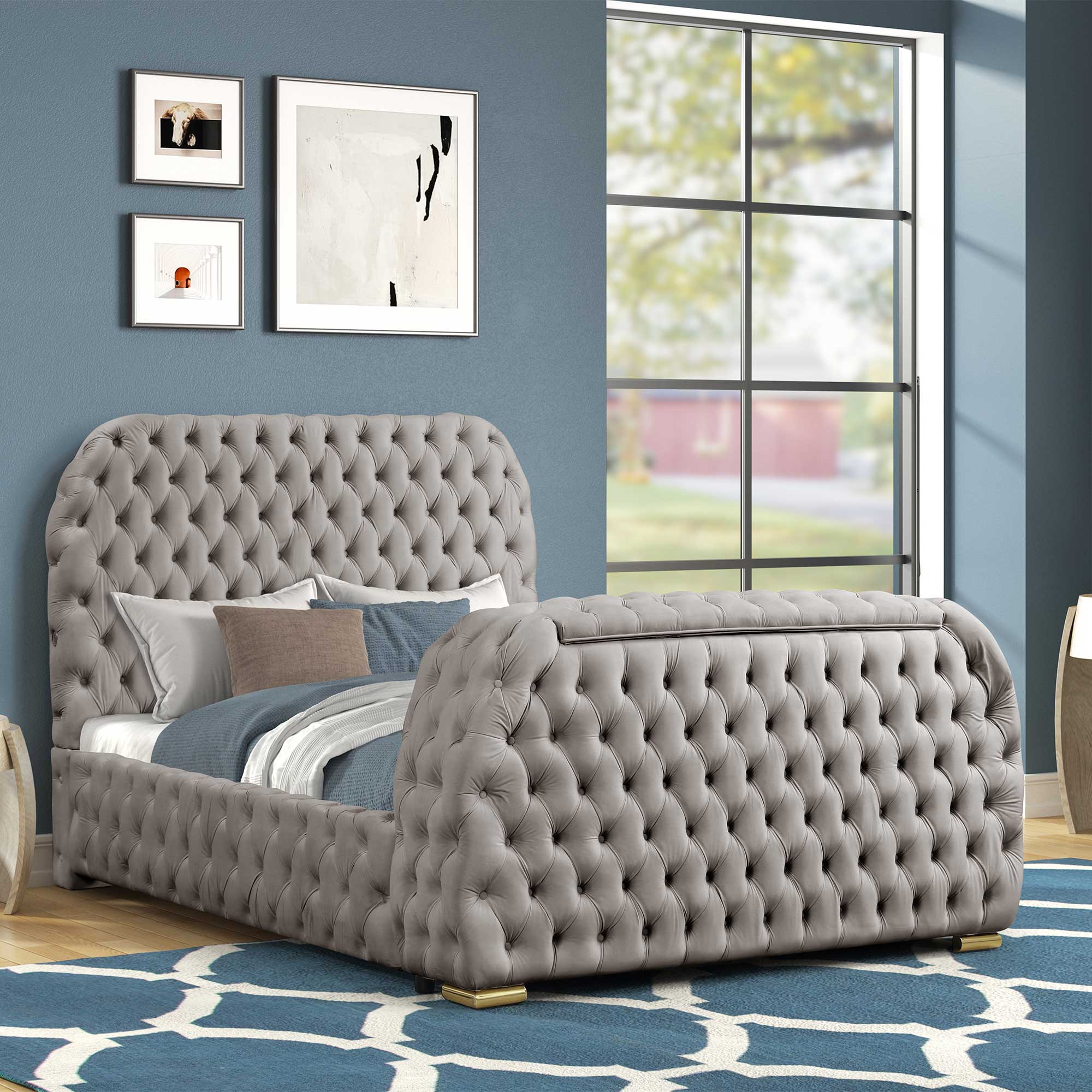 Luxurious Velvet Upholstered Queen Bed with TV Lift, Fireplace & Bluetooth Speakers