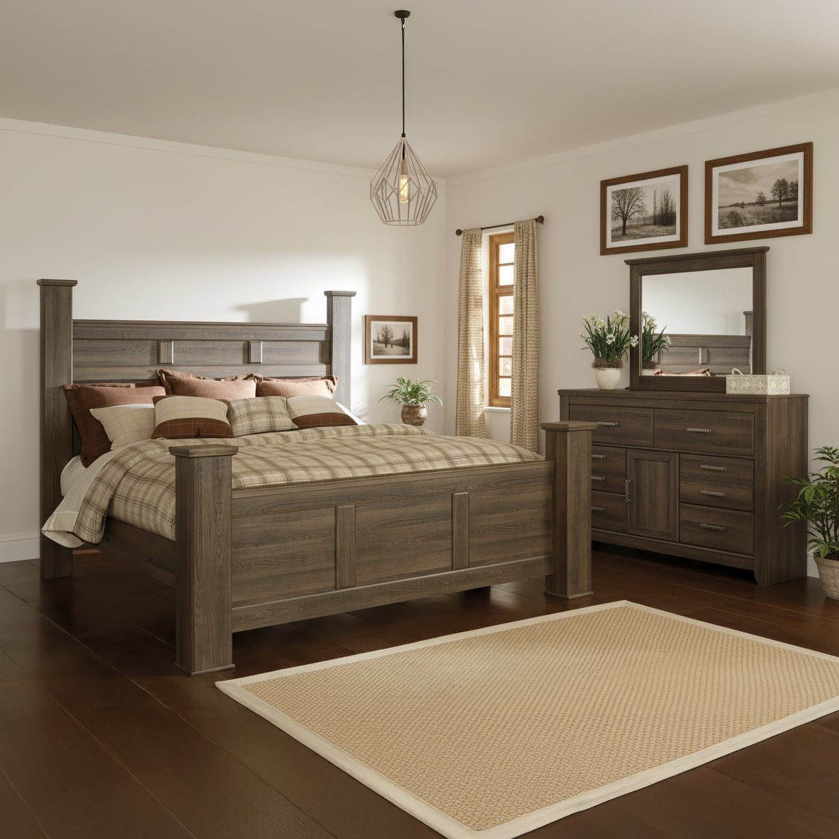 Juararo King Poster Bed with Mirrored Dresser