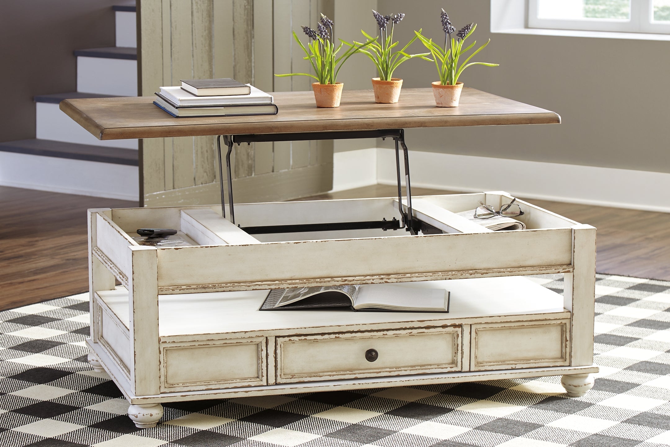 Realyn Lift Top Coffee Table - White/Brown