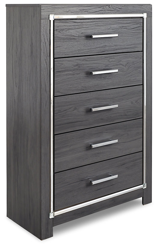 Lodanna Full Upholstered Panel Headboard Bed with Mirrored Dresser, Chest and Nightstand