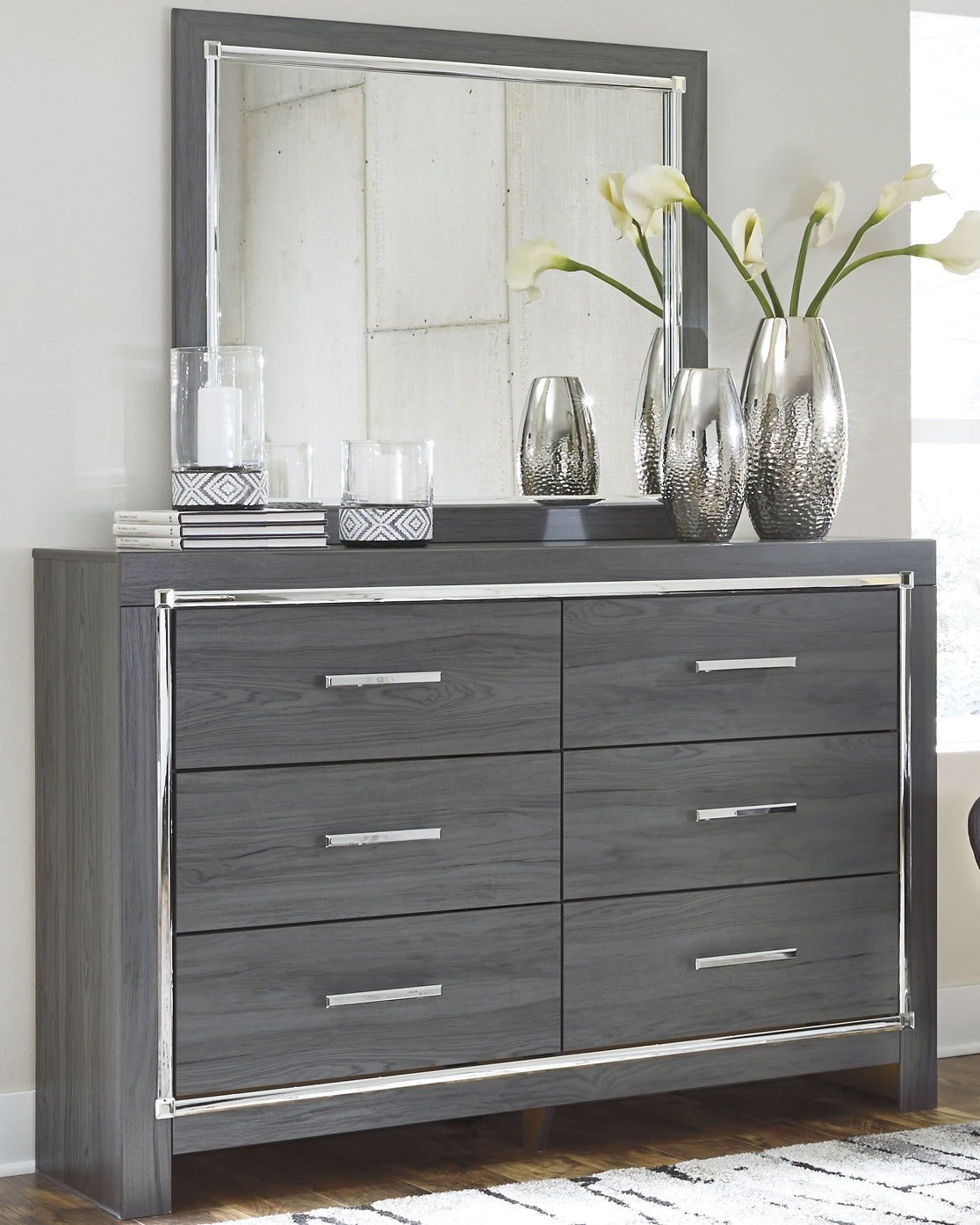 Lodanna Full Upholstered Panel Headboard Bed with Mirrored Dresser, Chest and Nightstand