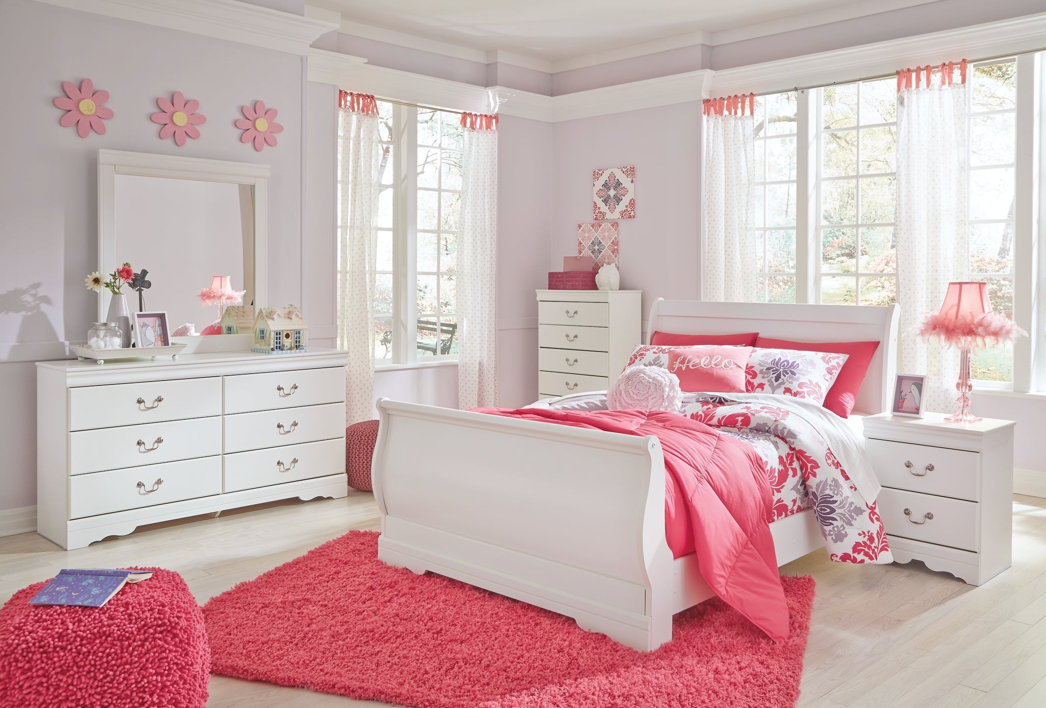 Anarasia Full Sleigh Headboard Bed with Mirrored Dresser, Chest and Nightstand