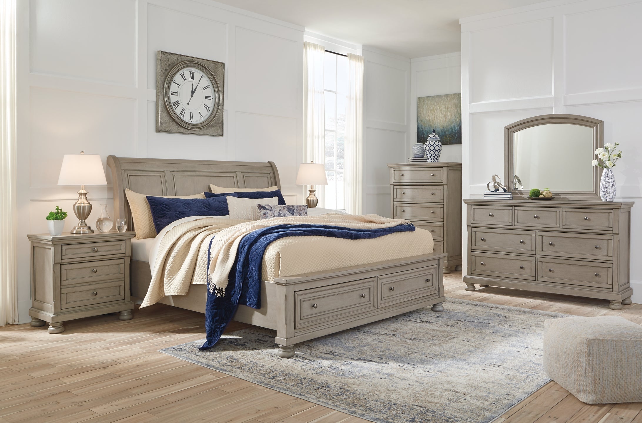 Lettner California King Sleigh Bed with Mirrored Dresser