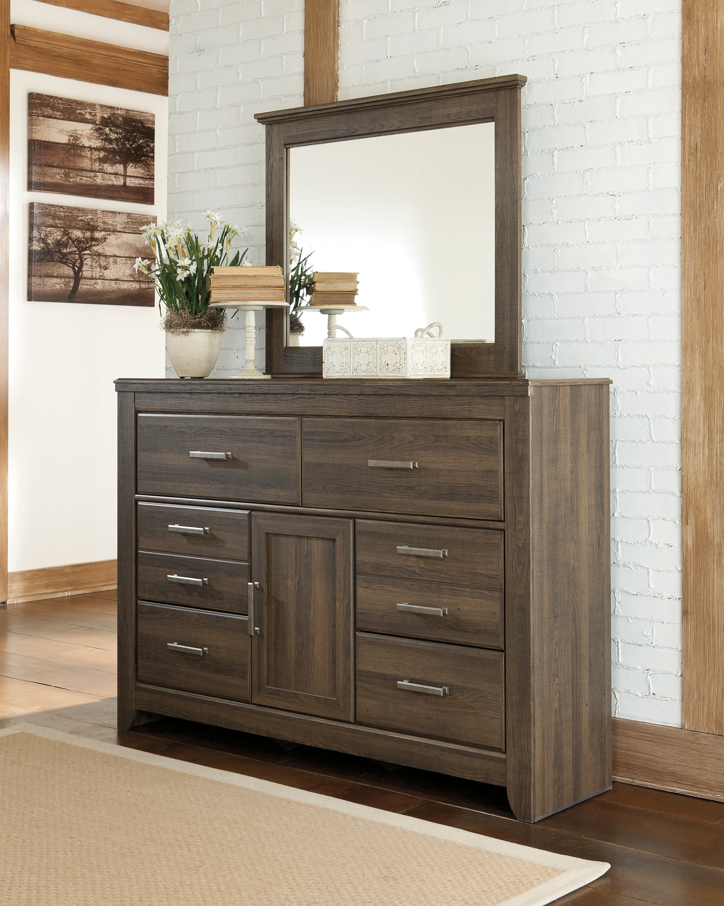 Juararo Queen Panel Headboard Bed with Mirrored Dresser and Chest