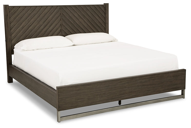 Arkenton California King Panel Bed with Mirrored Dresser, Chest and Nightstand