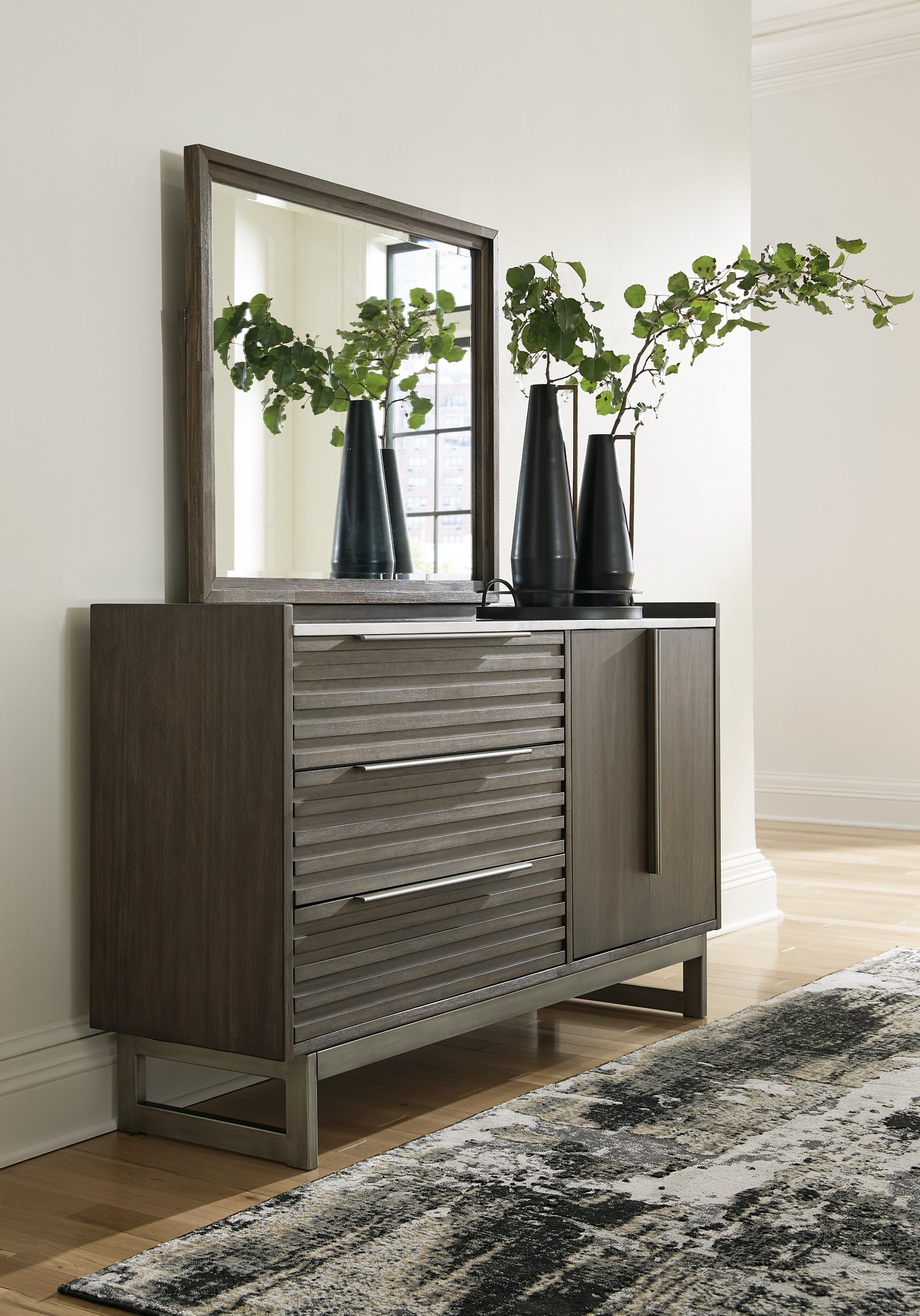 Arkenton California King Panel Bed with Mirrored Dresser, Chest and Nightstand