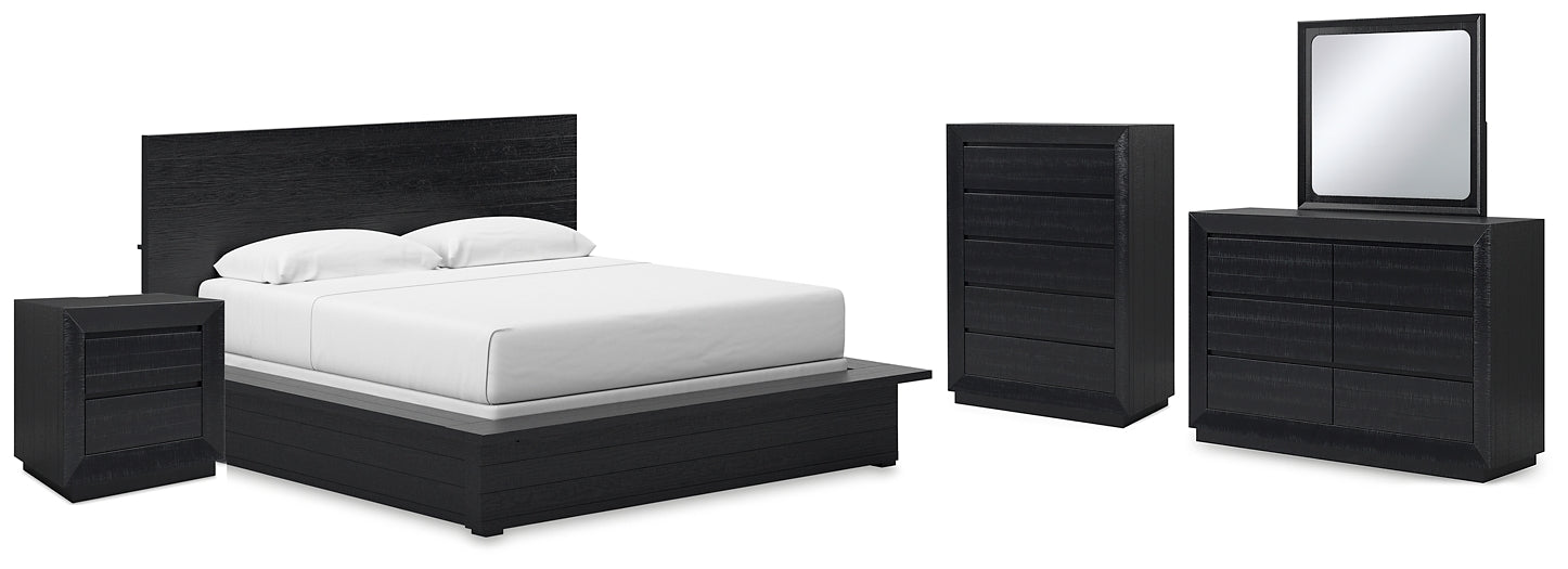 Londer California King Panel Bed with Mirrored Dresser, Chest and Nightstand