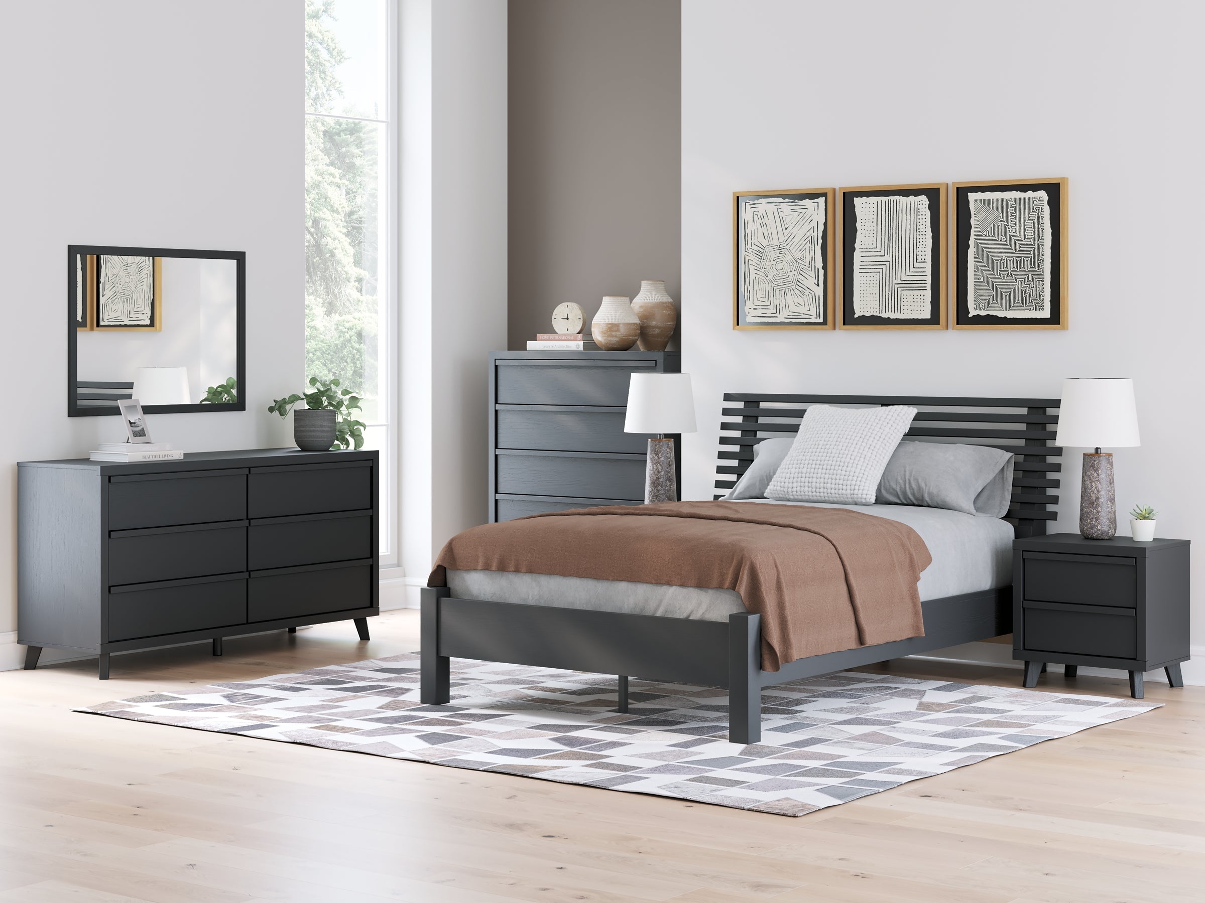 Danziar Queen Panel Headboard with Mirrored Dresser and Chest