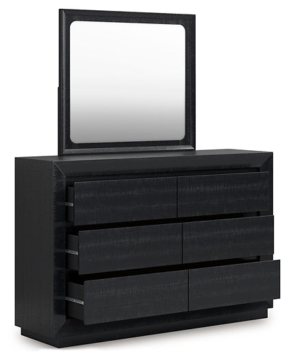Londer California King Panel Bed with Mirrored Dresser and Nightstand
