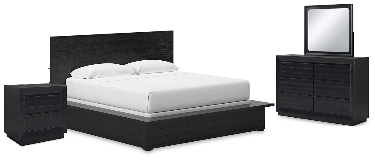 Londer California King Panel Bed with Mirrored Dresser and Nightstand