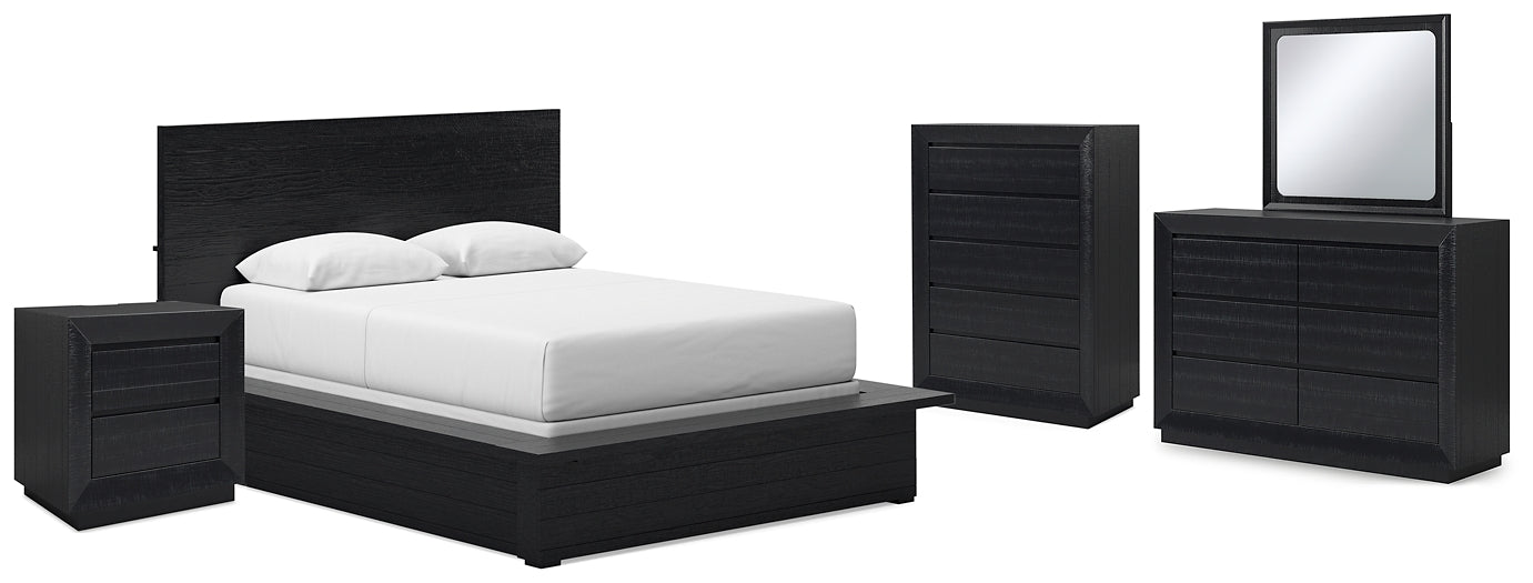 Londer Queen Panel Bed with Mirrored Dresser, Chest and Nightstand