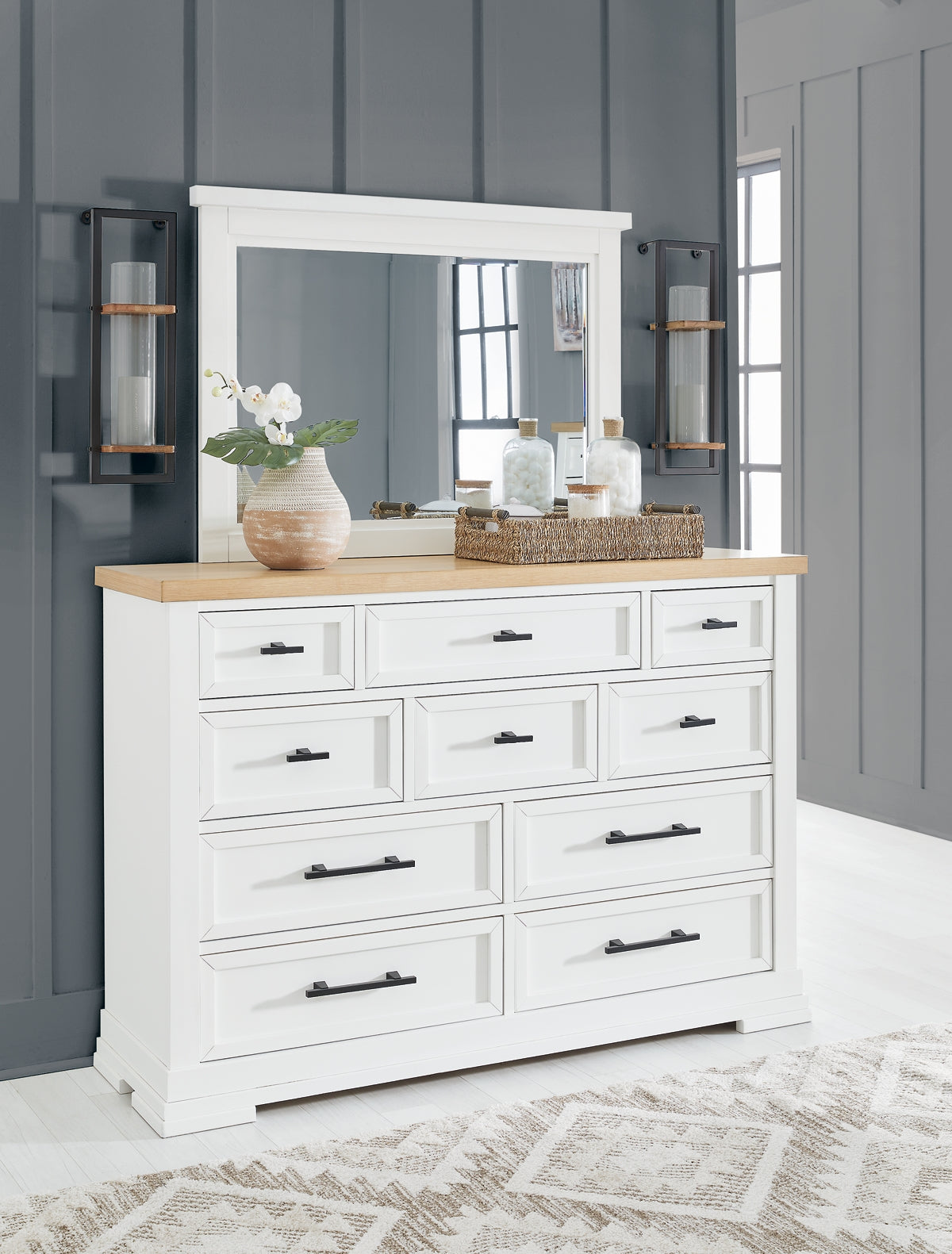 Ashbryn California King Panel Storage Bed with Mirrored Dresser and Chest