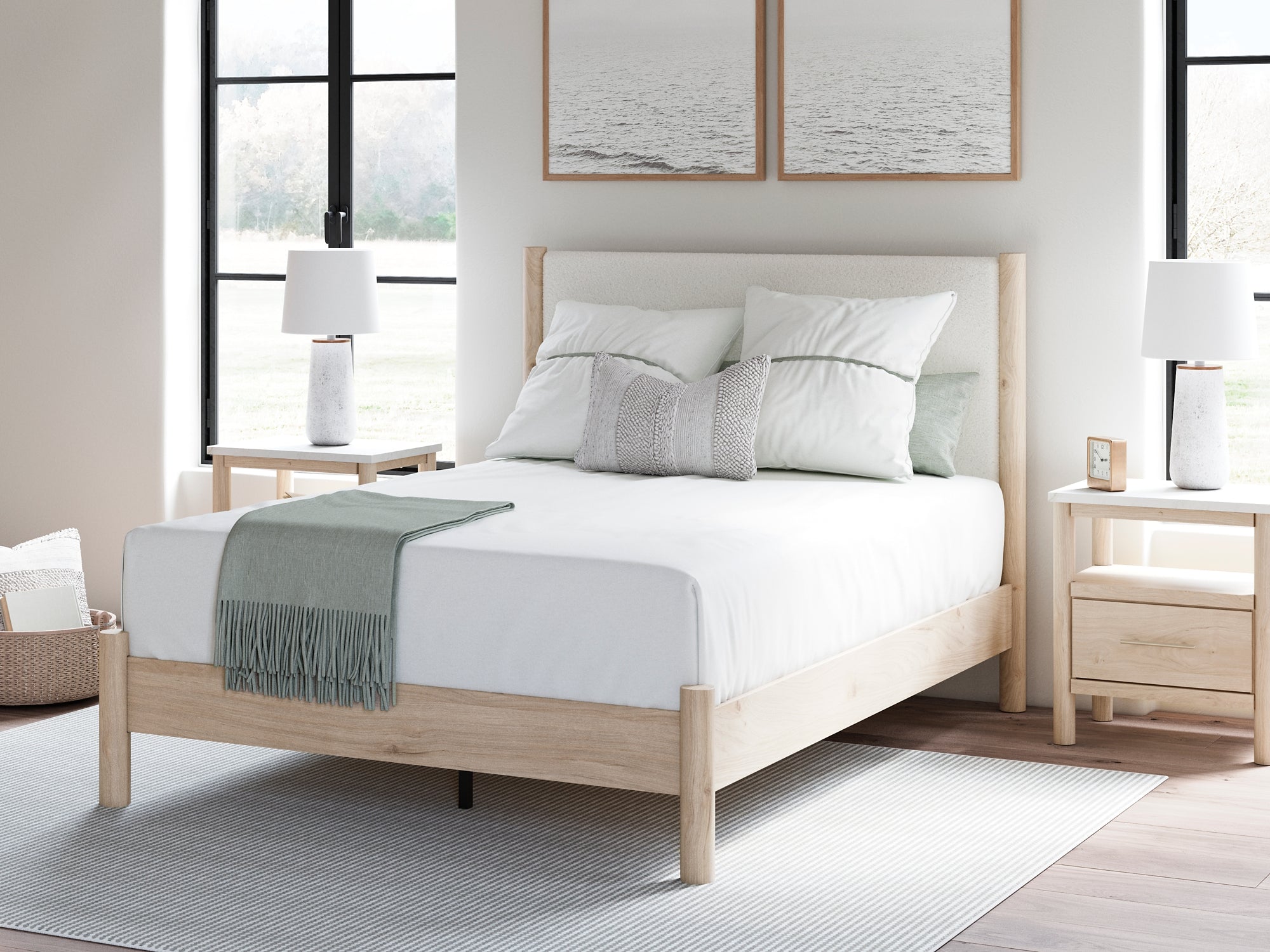 Cadmori Queen Upholstered Panel Bed with Mirrored Dresser and Chest