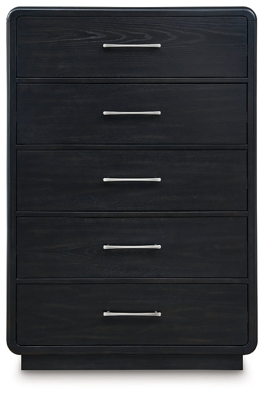 Rowanbeck King Upholstered Panel Bed with Mirrored Dresser and Chest
