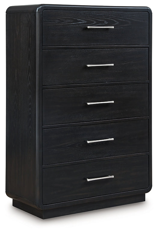 Rowanbeck King Upholstered Panel Bed with Mirrored Dresser and Chest