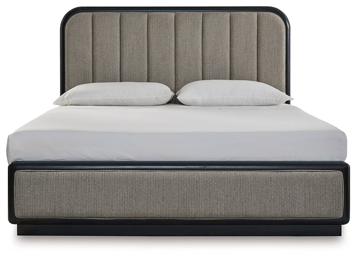 Rowanbeck King Upholstered Panel Bed with Mirrored Dresser and Chest
