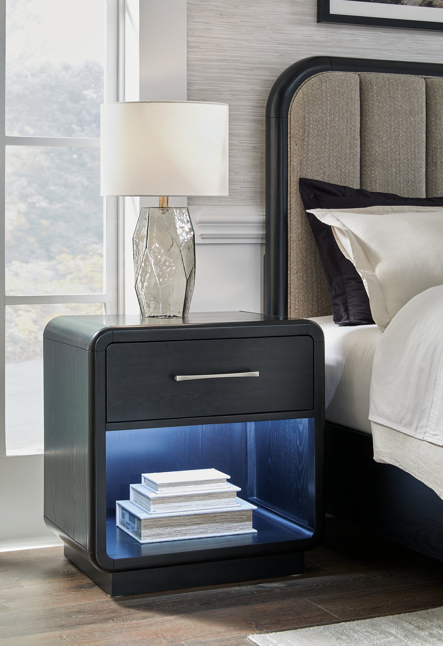 Rowanbeck King Upholstered Panel Bed with Mirrored Dresser, Chest and Nightstand