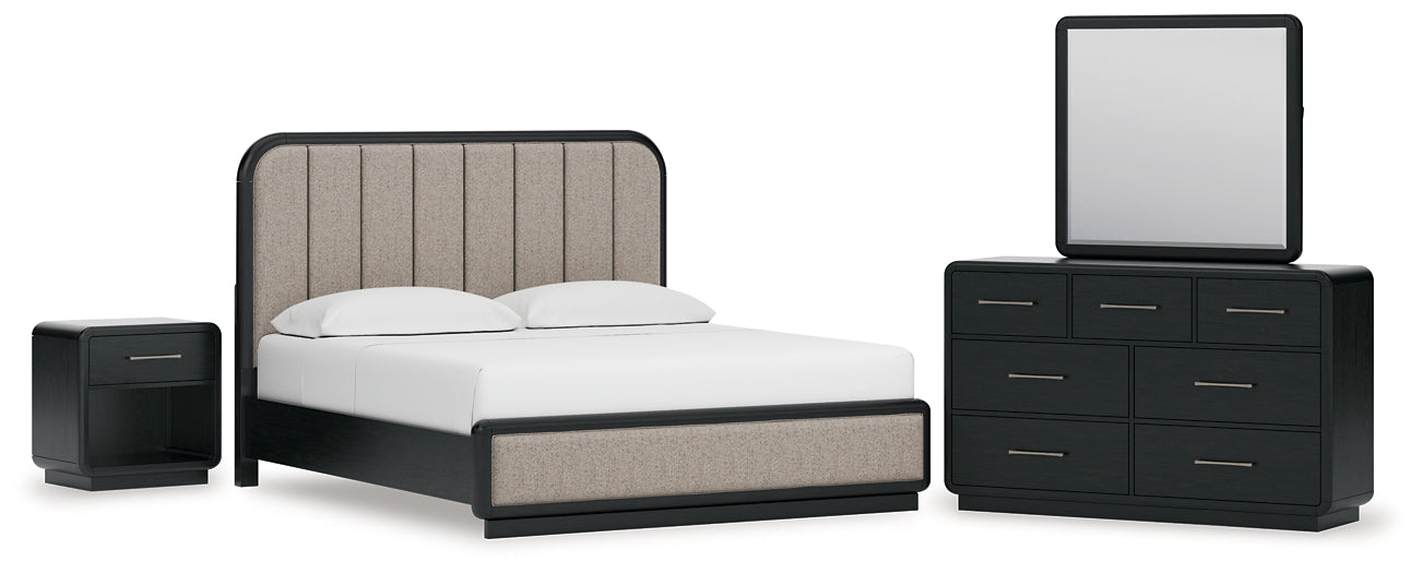 Rowanbeck King Upholstered Panel Bed with Mirrored Dresser and Nightstand