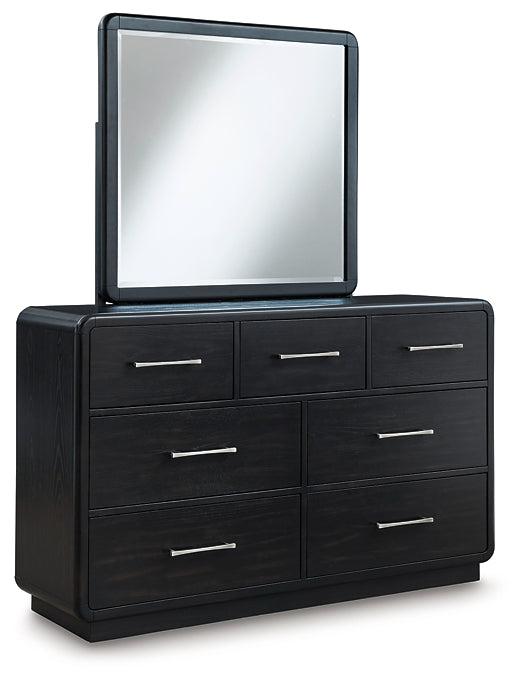 Rowanbeck California King Upholstered Panel Bed with Mirrored Dresser and Nightstand