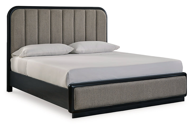 Rowanbeck California King Upholstered Panel Bed with Mirrored Dresser and Nightstand