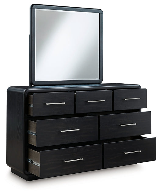 Rowanbeck California King Upholstered Panel Bed with Mirrored Dresser, Chest and Nightstand