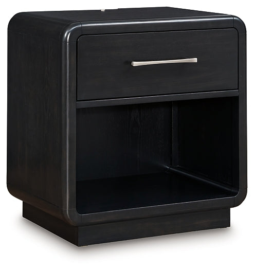 Rowanbeck California King Upholstered Panel Bed with Mirrored Dresser, Chest and Nightstand