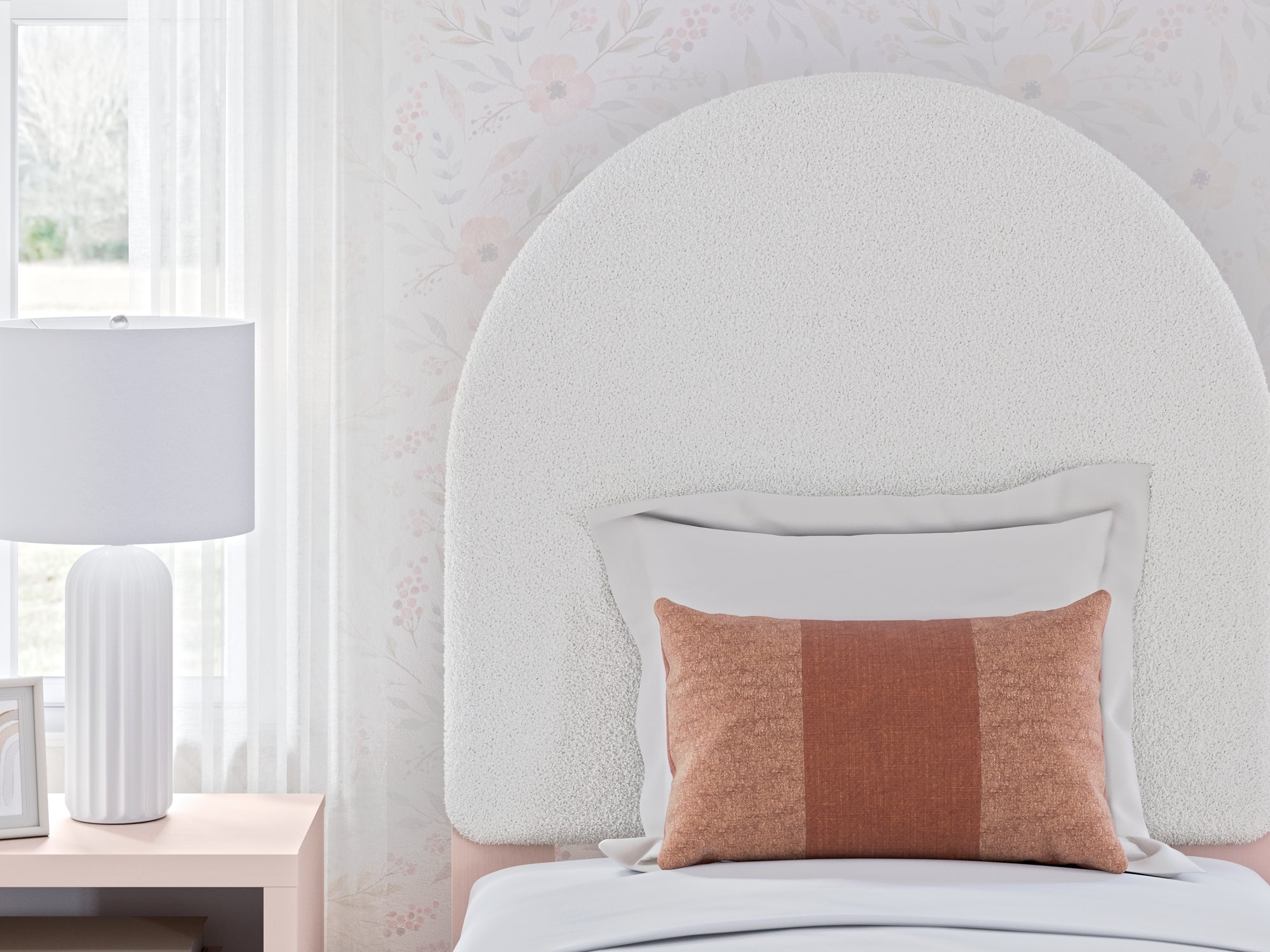 Wistenpine Twin Upholstered Panel Headboard with Mirrored Dresser and Nightstand