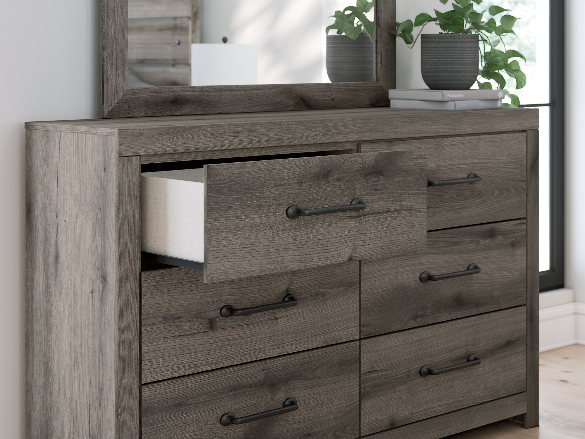 Graystorm Queen Panel Bed with Mirrored Dresser and Chest