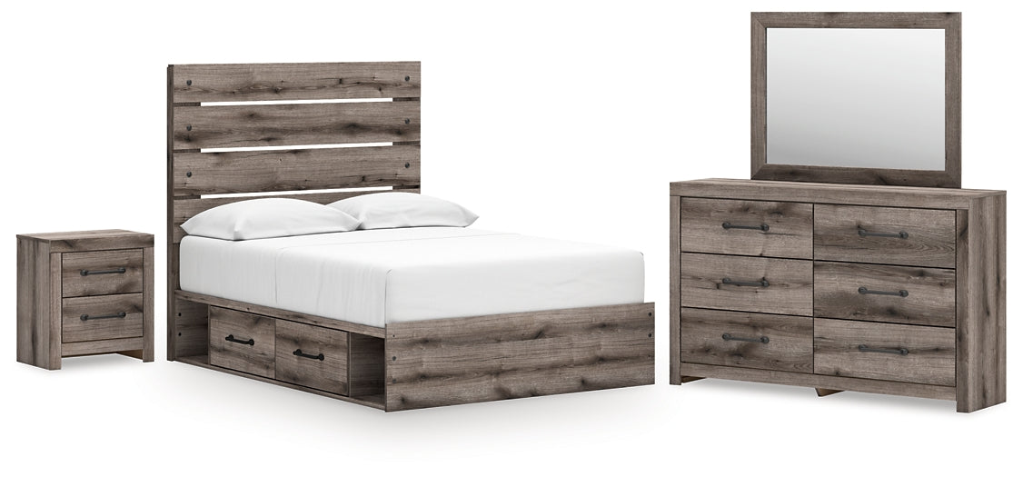 Graystorm Full Panel Bed with Storage with Mirrored Dresser and Nightstand