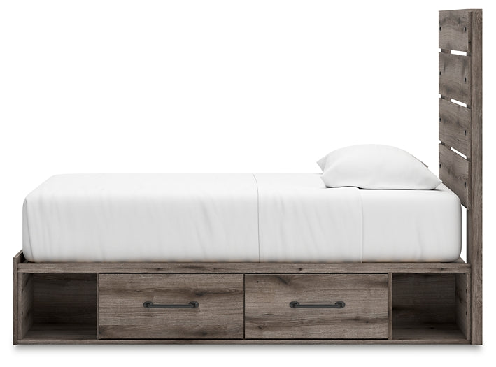 Graystorm Twin Panel Bed with Storage with Mirrored Dresser and Chest