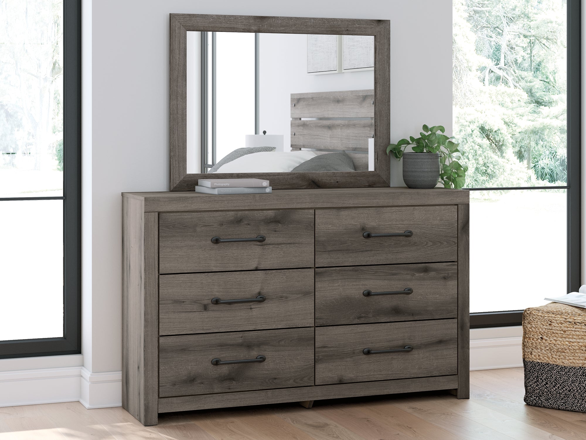 Graystorm Twin Panel Bed with Storage with Mirrored Dresser and Chest