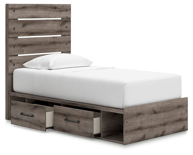Graystorm Twin Panel Bed with Storage with Mirrored Dresser