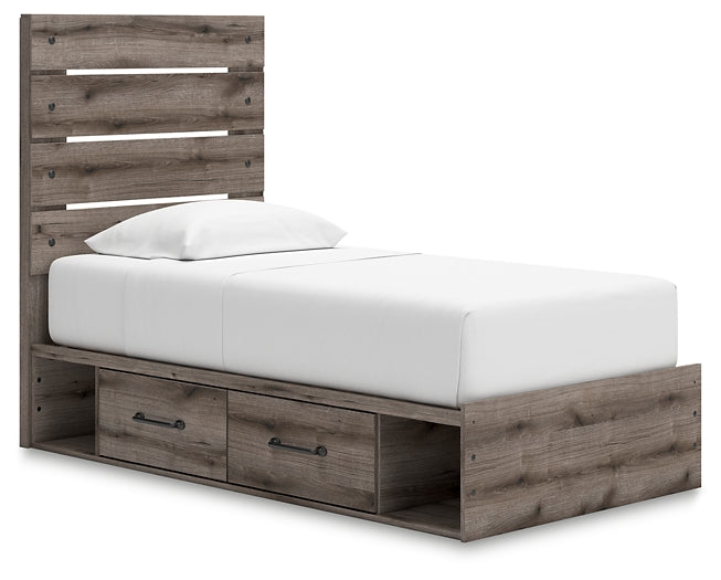 Graystorm Twin Panel Bed with Storage with Mirrored Dresser