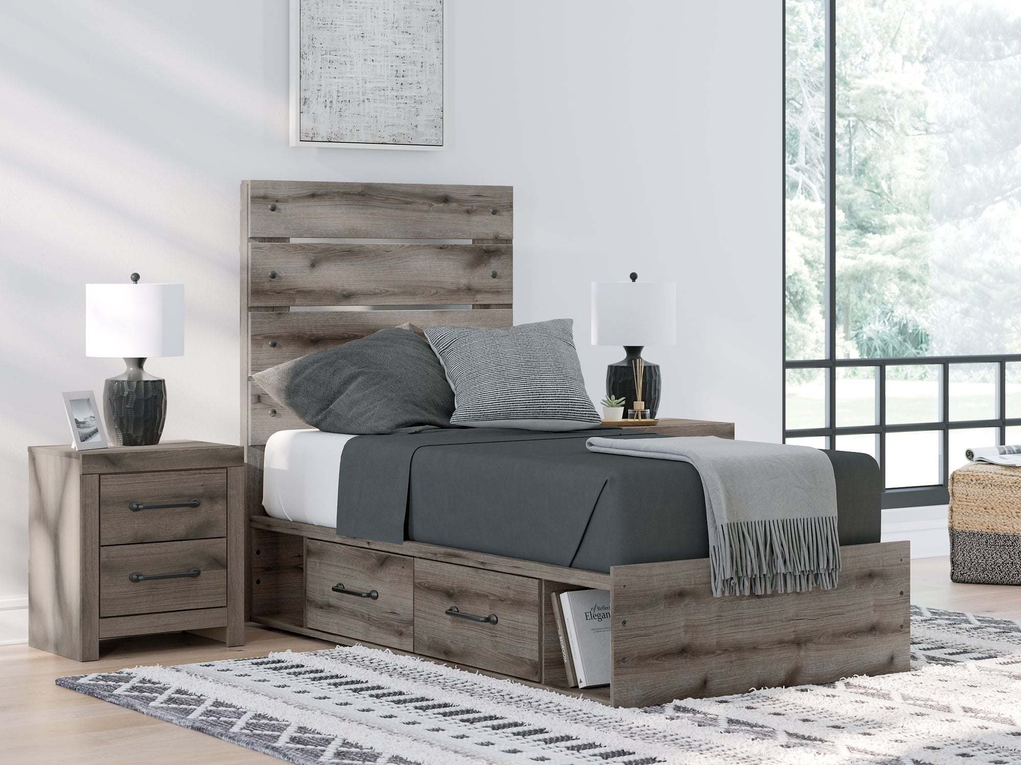 Graystorm Twin Panel Bed with Storage with Mirrored Dresser
