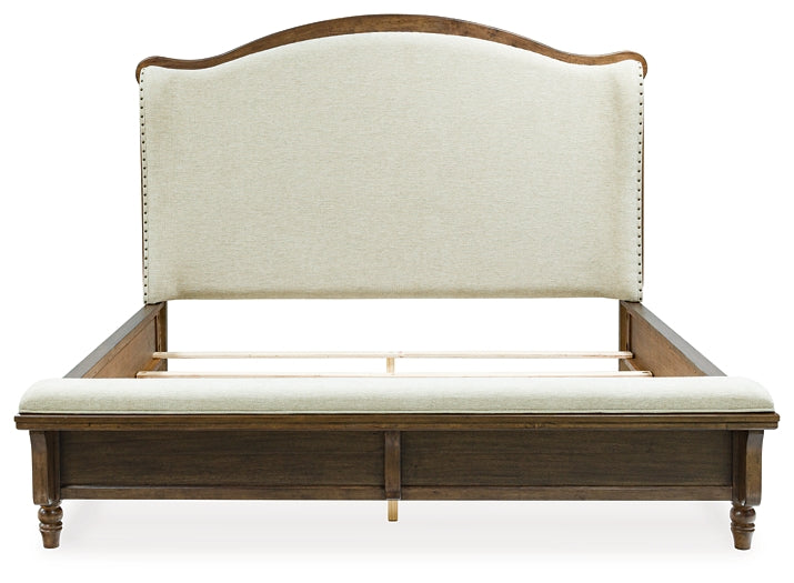 Sturlayne Queen Upholstered Panel Bed with Mirrored Dresser and Chest