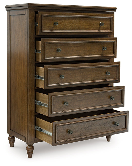 Sturlayne California King Upholstered Panel Bed with Mirrored Dresser and Chest