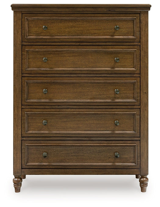 Sturlayne California King Upholstered Panel Bed with Mirrored Dresser and Chest