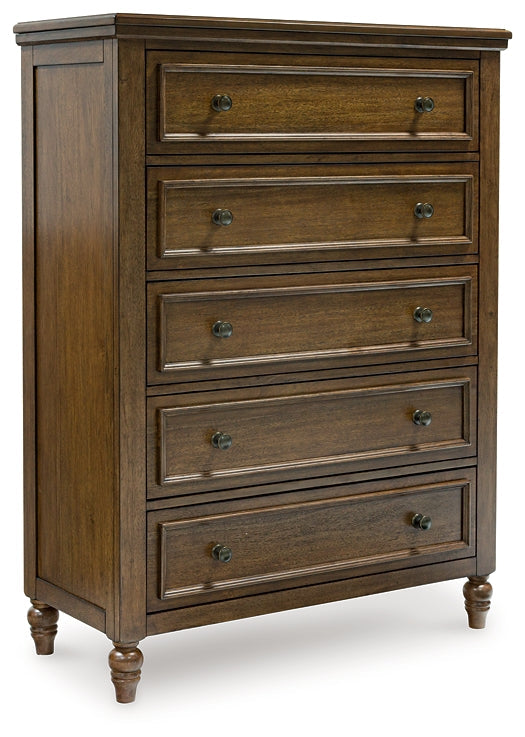 Sturlayne California King Upholstered Panel Bed with Mirrored Dresser and Chest