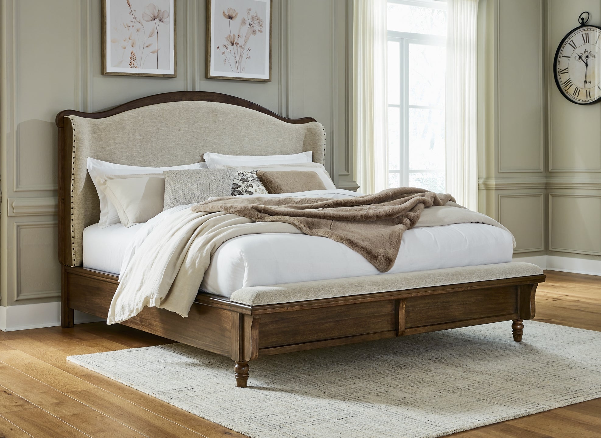 Sturlayne King Upholstered Panel Bed with Mirrored Dresser, Chest and Nightstand