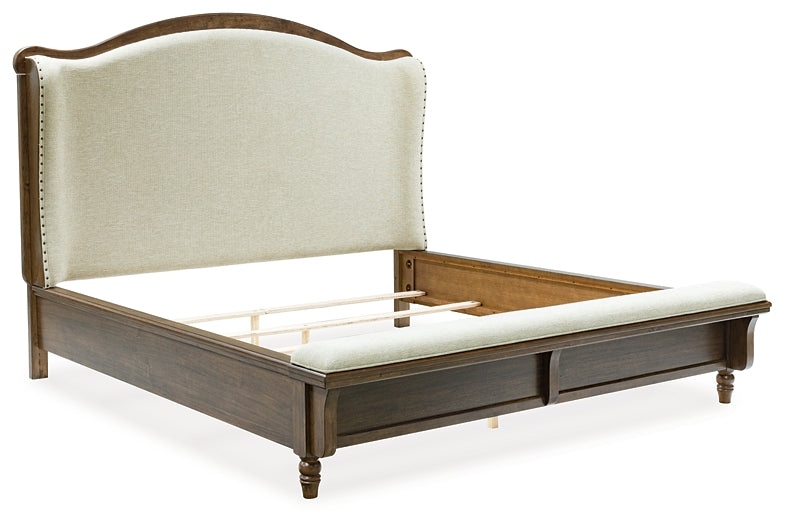 Sturlayne California King Upholstered Panel Bed with Mirrored Dresser