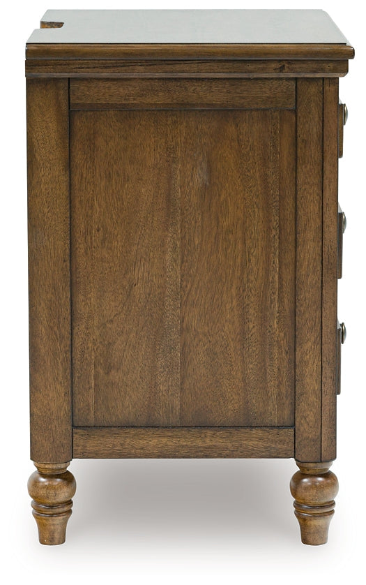 Sturlayne California King Upholstered Panel Bed with Mirrored Dresser and Nightstand