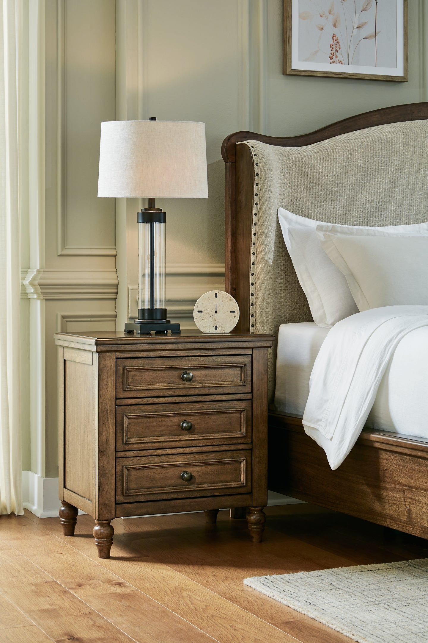 Sturlayne California King Upholstered Panel Bed with Mirrored Dresser and Nightstand