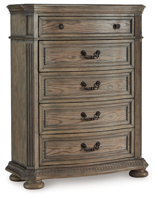 Ardenfield Queen Upholstered Sleigh Bed with Mirrored Dresser and Chest