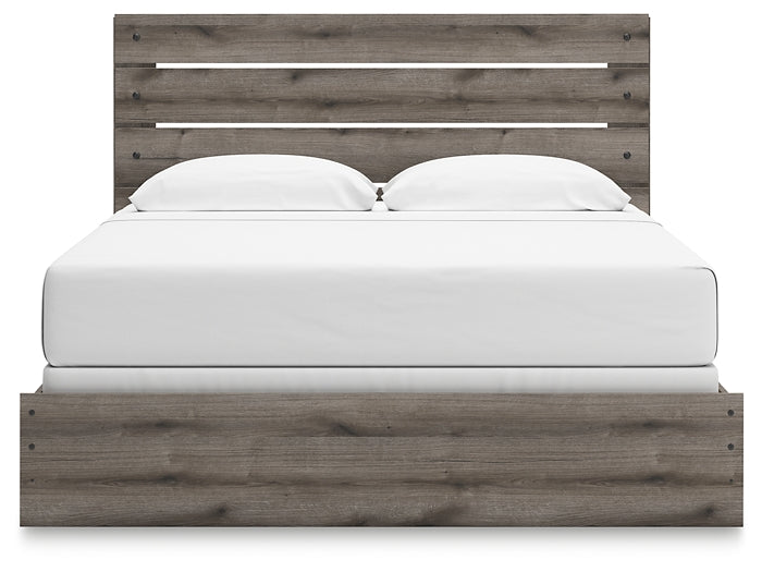 Graystorm King Panel Bed with Mirrored Dresser and Nightstand