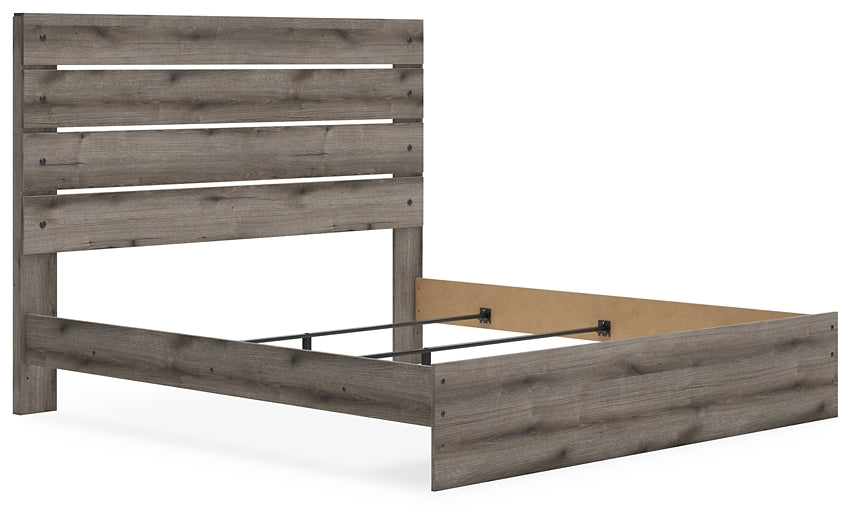 Graystorm King Panel Bed with Mirrored Dresser and Nightstand