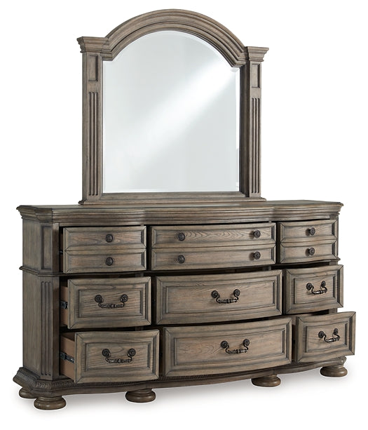 Ardenfield California King Upholstered Sleigh Bed with Mirrored Dresser and Chest