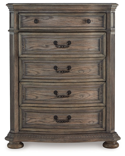 Ardenfield California King Upholstered Sleigh Bed with Mirrored Dresser and Chest