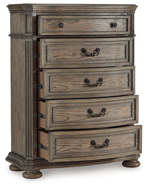 Ardenfield California King Upholstered Sleigh Bed with Mirrored Dresser and Chest
