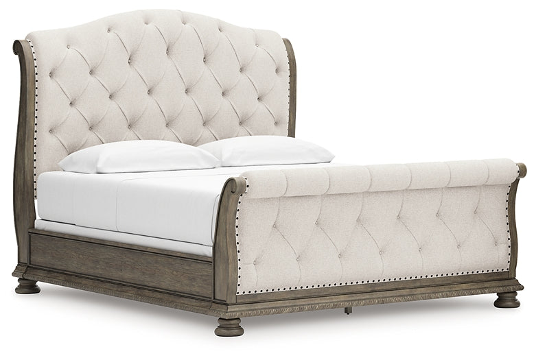 Ardenfield California King Upholstered Sleigh Bed with Mirrored Dresser and Chest