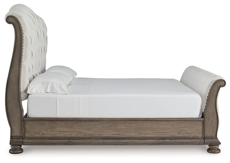 Ardenfield King Upholstered Sleigh Bed with Mirrored Dresser and Chest
